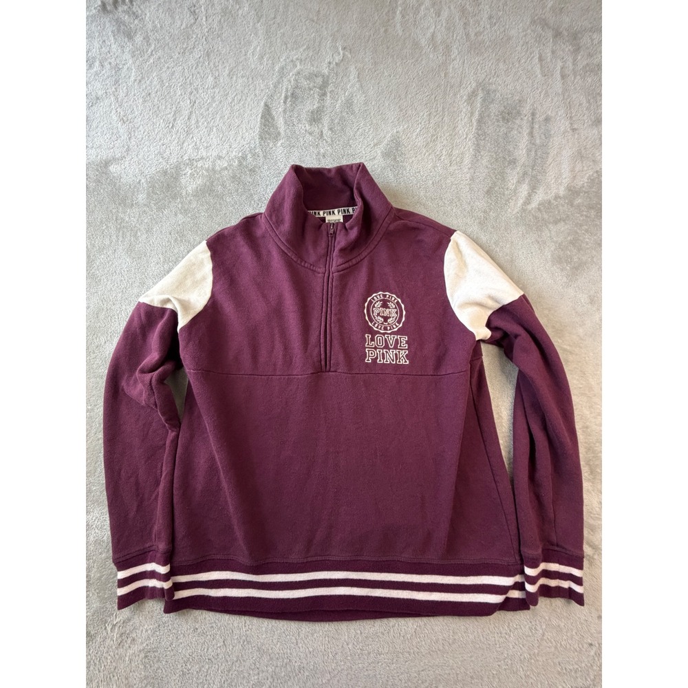 PINK Quarter Zip Sweatshirt Women Medium Maroon White Varsity Pullover